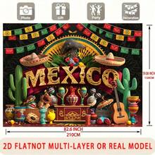 2D平面单件墨西哥主题涤纶派对横幅 - 充满活力的墨西哥派对装饰,包含仙人掌、墨西哥帽和宽边帽。非常适合家居和墙面装饰,是派对和礼品的理想之选。 - 1件 - 查看 4