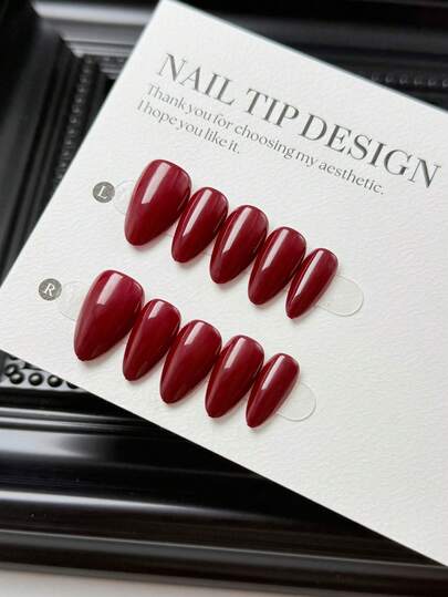10pcs Handmade Wearable Nail Stickers, Short Almond-Shaped Press-On Nails, Sweet & Luxurious Style, Smooth & Glossy Solid Red Color Press-On Short Nails, Suitable For Women & Girls Daily & Holiday Wear, Includes Nail Care Set