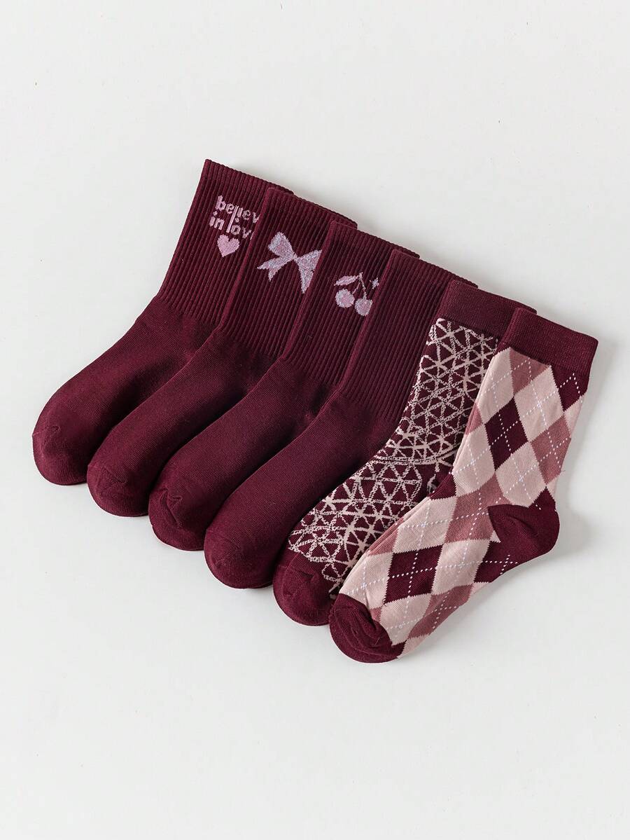 6 Pairs Women's Red Heart Patterned Fashionable Versatile Mid-Calf Socks - Multicolor - View 1