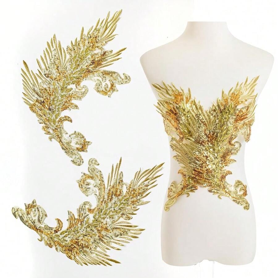 [Free Shipping]Silvora Pair Embroidery Phoenix Costume Sequin Appliques Patches, Peacock Feather Tail Applique Embellishments For Dance Dresses,Clothes,T-Shirt,Neckline Bodice Pants (Gold) - 金子 - 查看 1