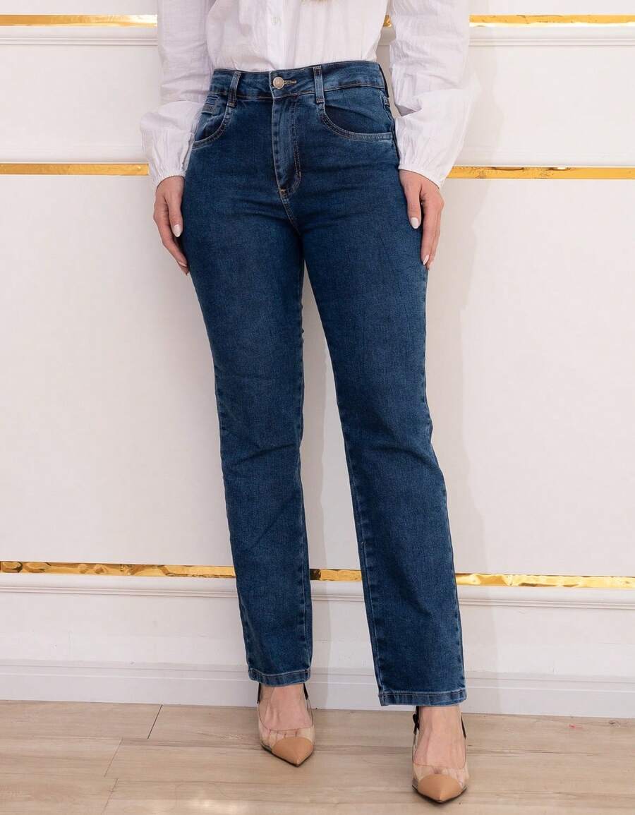 Calça Jeans Feminina Reta Sawary Original Lycra Elastano Cintura Alta Bolsos Funcionais Tradicional Confortável