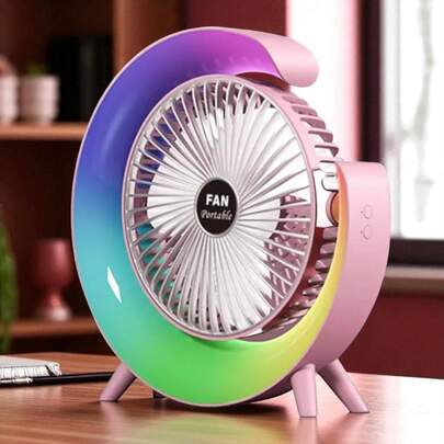 Ventilador con luz led, Portátil, 3 velocidades, Recargable, Ideal para mesa: oficina, cocina, habitación y demás espacios. Ligero y fácil de llevar.