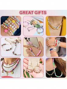 2400+配件盒软陶珠手链制作套装，24色友谊手链珠子，聚合物粘土珠子及珠宝制作吊坠，软陶珠子和吊坠套装，适用于DIY手工礼物、节日派对礼物，送给亲朋好友