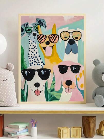 1pc Canvas Wall Art - Cool Dog Wall Decor – Colorful Dog Squad Wearing Sunglasses, Modern Pet Illustration, Baby Products_ Framed Nursery Wall Art Perfect For Playroom Decor Nursery Decor, Daycare Decor, Preschool Decor, Boy's Room Decor, Girl's Bedroom Decor