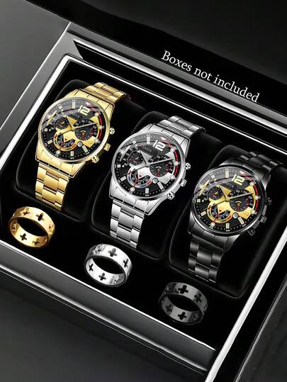 6pcs Luxury Business & Romantic Men's Watch Set, Includes 3 Watches And 3 Rings, Hollow Cross Single Ring, Best Gift For Father, Boyfriend, Father's Day, Valentine's Day, Birthday