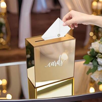 1 Set Gold Acrylic Pull-Out Wedding Card Box, Large Gold Acrylic Card Holder Box With Slots, Suitable For Gifts, Souvenirs, Company Celebrations, Donations, Baby Showers, Birthday Parties, Graduation Card Stands