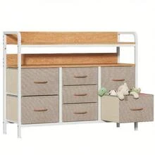Dresser For Bedroom With 7 Storage Drawers, Fabric Dressers Chests Of Drawers With Sturdy Steel Frame And Wooden Top