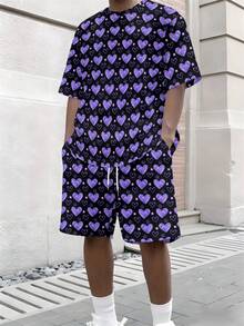 Artistic Black And Purple Textured Men's Sports Short-Sleeve Beach Pants Set. Drawstring Detail Design. Made Of Slightly Stretchy Polyester Fabric. Lightweight, Comfortable, Machine Washable All Year Round. Sporty And Casual Style. - 彩色 - 查看 4