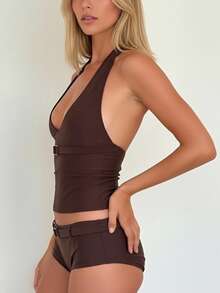Women's Summer Tankini Swimsuit With Shorts Fashionable Solid Color Halter Tops With Boyshorts 2Pcs Bathing Suit - Cà phê nâu - Xem 6