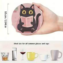 Black Cat Design Wooden Coasters For Home Dining Table - Non-Slip Decorative Drink Coasters, Suitable For Coffee And Tea Cups, For Home And Cafe Use, Holiday Gift For Friends, Suitable For All Seasons - Wooden Board-circle Coaster - View 7