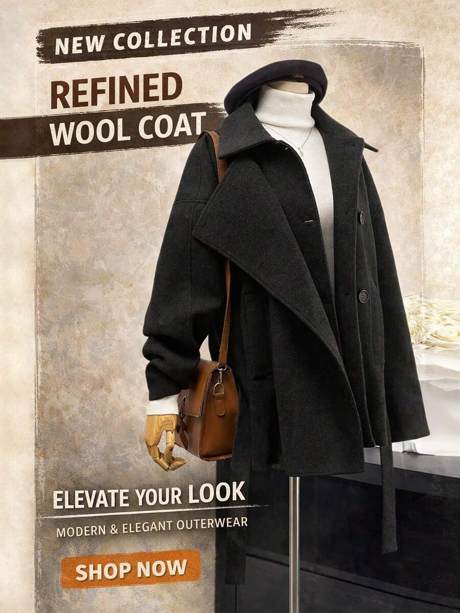 女士休闲保暖棕色立领丝绒高品质短款厚衬羊毛大衣 - 黑色 - 查看 1