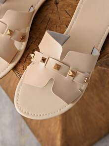 Teenage Girls' Sequin Silver Flat Slippers, Lightweight, One-Strap, Soft Bottom, Non-Slip, Beach Sandals, Comfortable & Versatile - Beige - View 6