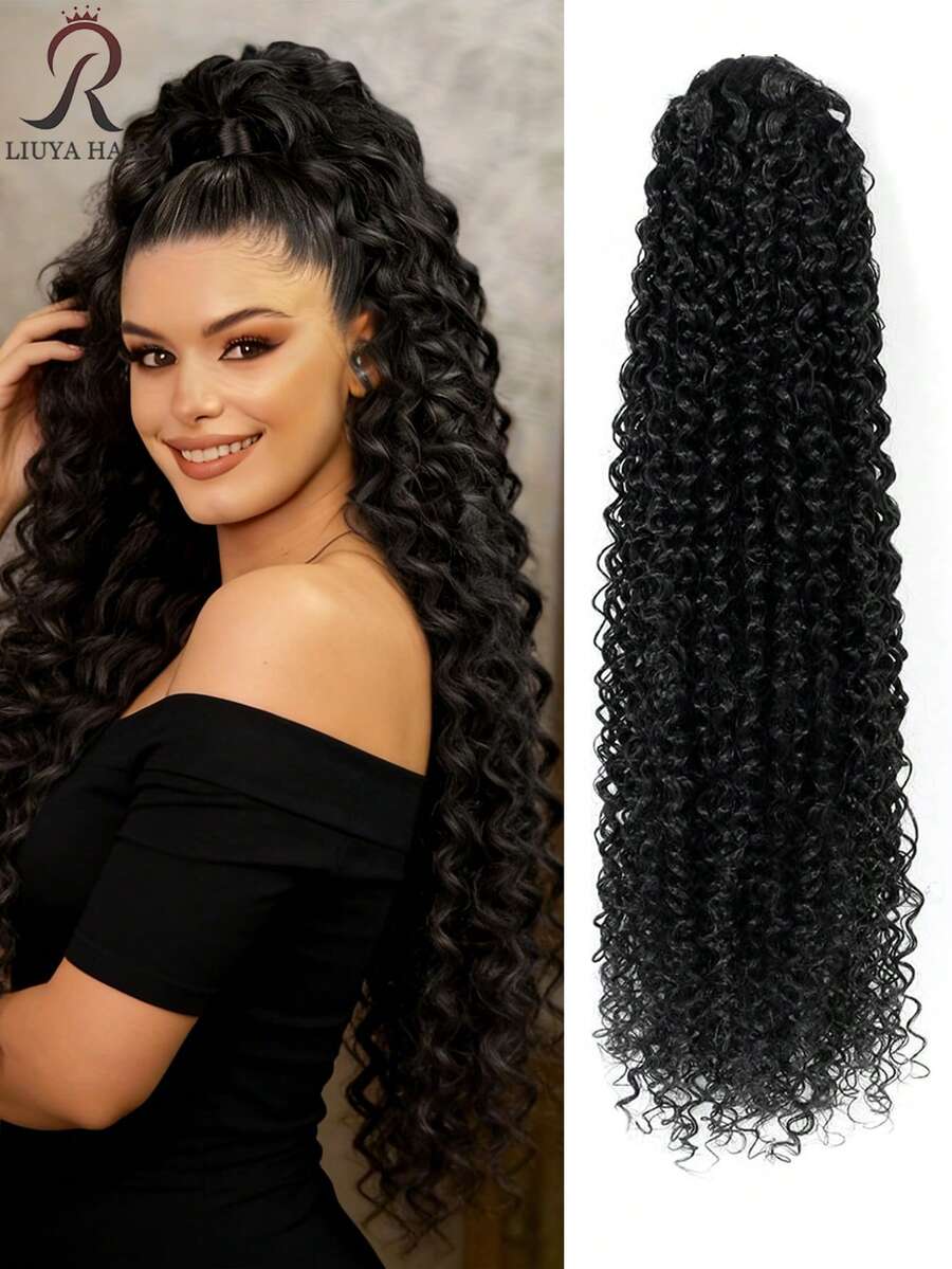 24 Inch Dark Brown Deep Wave Clip-In Ponytail Hair Extension - Heat Resistant Synthetic Fiber, Natural Curly Hair Styling Accessory, Suitable For Women's Daily Use, Daily Hairstyle Styling Accessory, Voluminous Curly Heat Resistant Fiber Wig