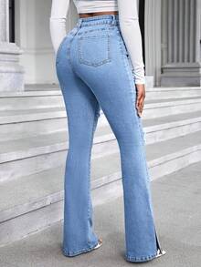 Jeans largos de mezclilla acampanados con rotos casuales para mujer, con dobladillo dividido y elasticidad media, elegantes y cómodos. - Azul lavado medio - Ver 2