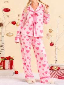 Women's Valentine's Day Pajamas Cute Heart Printed Bow Tie Long Sleeve Tops With Pants 2Pcs Sleepwear - Hồng - Xem 5