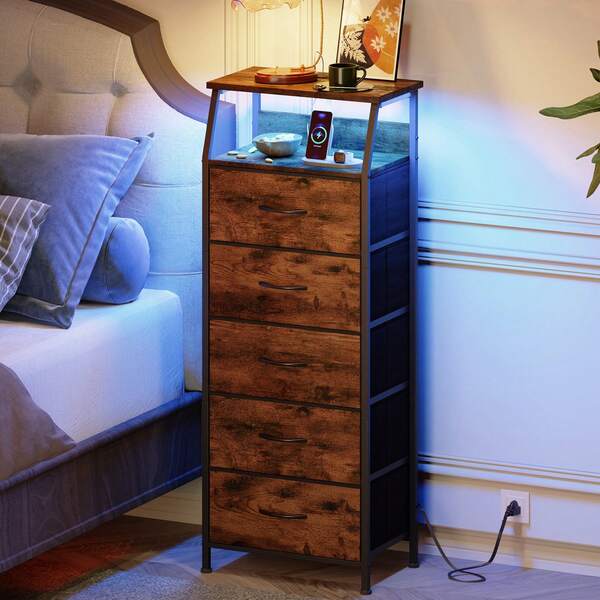 Somdot Black Nightstand With Charging Station And LED Light For Bedroom, Tall 5 Drawers Dresser With Fabric Bins For Bedside Dorm Kids Closet Laundry Entryway,Wood Grain Print