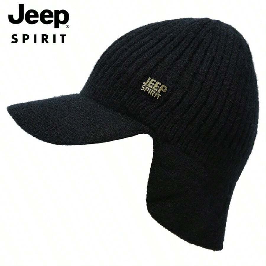 Jeep Autumn/Winter Neck Warmer Hat, Knitted Thick Warm Beanie Hat With Ear Flaps, Outdoor Cap - Black - View 1