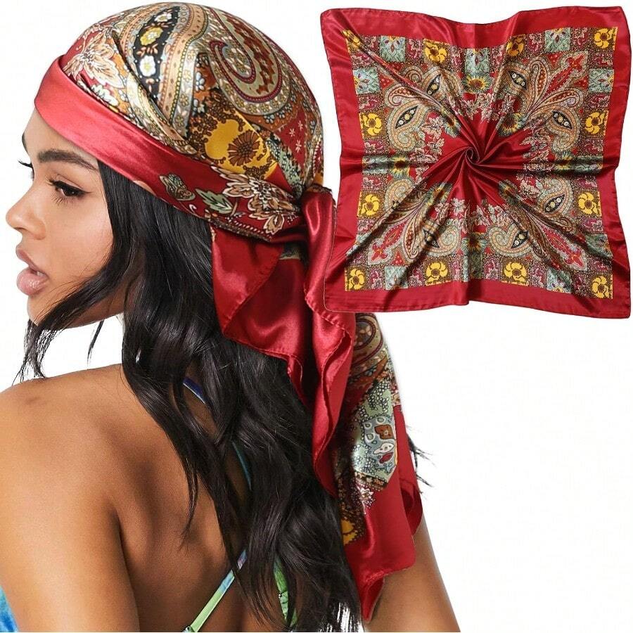 35" Large Satin Head Scarf For Women Silk Hair Scarf Solid Color Hair Bandana For Night Hair Wrap Sleeping - 紅色 - 查看 1