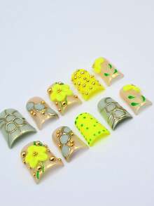 10Pcs Handmade Short Duck Bill Acrylic Press On Nails, Fluorescent Yellow Floral Style, 3D Yellow Flower, Gold Metal Ball, Geometric Gold Frame, Polka Dot Accents, Daily Chic Spring Party Nails Summer, Fresh Shiny Vibe Easter St Patricks Day Women - 彩色 - 查看 8