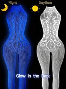1 Piece Of Glow-In-The-Dark Fishnet Bodysuit, Open-Crotch Sheer Mesh Bodysuit With Light-Up Mesh, Women's Sexy Lingerie, Women's Erotic Bodysuit, Women's Glow-In-The-Dark Party Lingerie, Role-Play Costumes, Exotic-Style Apparel, Erotic Bodysuits, Bodysuits, Women's Sexy Bodysuits, Valentine's Day Lingerie - 白色 - 查看 4