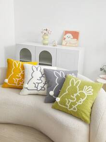 1pc Easter Bunny & Carrot Embroidered Decorative Pillow Cover, Made Of Granular Teddy Plush Fabric With Handmade Pom Poms, Ideal For Home Sofa Decor, Bedroom, Chair, Car Accessories, Pillow Insert Not Included - Multicolor - View 7