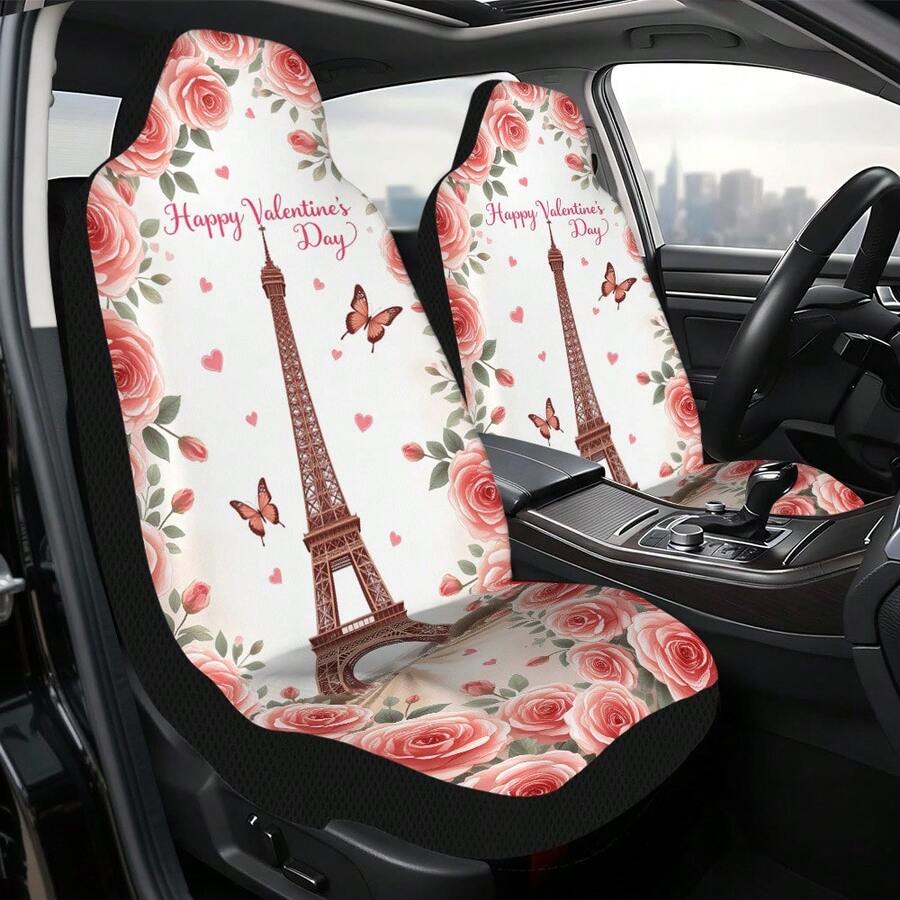 Valentines Paris Romance Style Car Cover | Foldable, Easy To Install, Universal Fit, Polyester Fiber, Machine Washable, Perfect For Valentine'S Day Gift Or Special Occasion Present - 彩色 - 查看 1