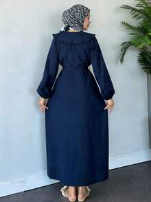 女士优雅纯色前扣腰带褶皱荷叶边/荷叶边彼得潘领长袖休闲连衣裙 - 藏蓝色 - 查看 5