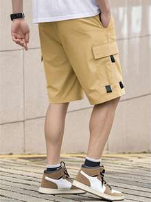 1pc Men's Summer Outdoor Solid Color Pocket Drawstring Waist Cargo Shorts - Khaki - View 2