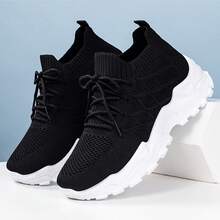 女士时尚百搭系带休闲厚底运动鞋 - 黑色 - 查看 1