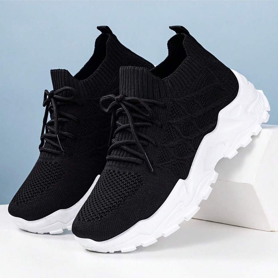 女士时尚百搭系带休闲厚底运动鞋 - 黑色 - 查看 1