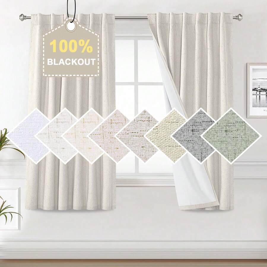 % Blackout Curtains Bedroom 84 Inches Long, Back Tab/Rod Pocket Faux Linen Blackout Curtains 2 Panels Thermal Insulated Curtains & Drapes Living Room, Decor, W52 X L84 - 古董白 - 查看 1