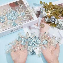 2Pcs 3D Floral Sequin Applique Embroidery Lace Flower Tulle Patches Polyester Sky Blue Beaded Embroidered Sew On Appliques For Sewing MaFKing Wedding Cloth Gown Costumes Embellishment Supply - 天藍 - 查看 4