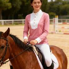 Dam stickad ridtopp med elastisk midja, långärmad ridoutfit med ståkrage, lämplig för vår och höst - Rosa - Visa 1