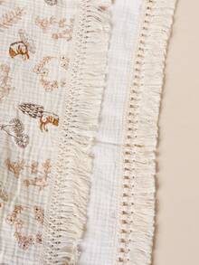 1pc Unisex Soft Gauze Baby Blanket With Bunny/Squirrel Print - Tassel Edge Breathable Stroller Crib Wrap