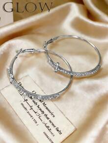 1 Pair Fashionable Exquisite Luxury Exaggerated Rhinestone Geometric Cross Hoop Earrings, Suitable For Teenage Girls Everyday And Holiday Wear - Silver - View 4