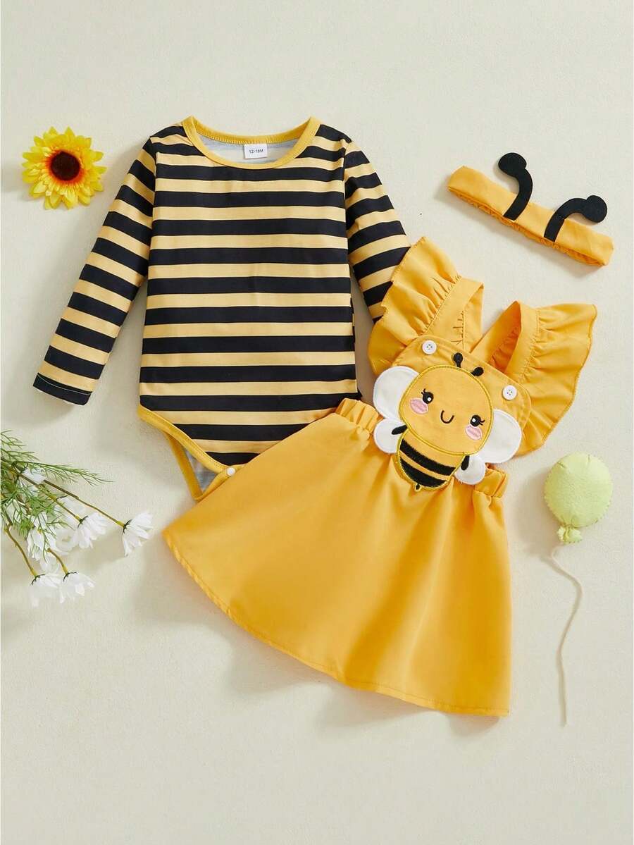 Conjuntos de falda de otoño para niñas pequeñas, mono con mangas voladoras, vestido con tirantes y bordado de abeja/escarabajo, conjuntos de diadema - Amarillo - Ver 1