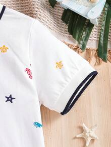 Camisa polo informal con cuello y manga corta con estampado de estrellas para niño preadolescente, para verano - Blanco - Ver 4
