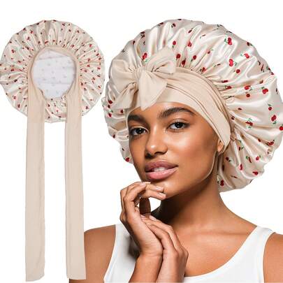 Awegeo 1pc Women's Tie-Up Beige Cherry Print Satin Bonnet, Casual & Comfortable For Home & Daily Wear, Hair Care Cap