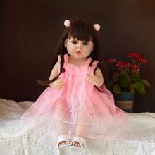 22英寸（约55厘米）逼真重生娃娃，粉色薄纱连衣裙，全乙烯基身体，洗澡玩耍伴侣，角色扮演游戏，生日礼物（包含奶瓶、安抚奶嘴、尿布、出生证明） - 粉色 - 查看 12