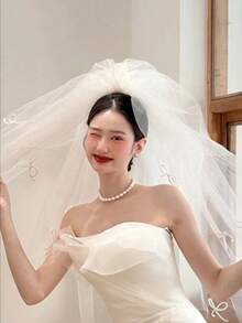 1件轻盈珍珠蝴蝶结单层教堂式新娘头纱，适合女士派对、短款珍珠头纱、简约订婚装饰头纱、婚礼头纱、角色扮演头纱、主题派对头纱、求婚头纱，便携易带 - 白色 - 查看 6