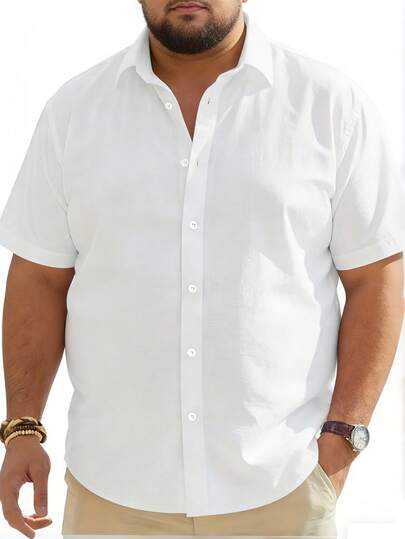 Summer New Plus Size Men Solid Color Cotton Short Sleeve Shirt, Comfortable Breathable Casual/Work Wear Turndown Collar Button Shirt Top