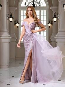 Elegant Sexy Off-Shoulder Ruched Beaded Sequin Embroidered Bodycon Mermaid Hem Mesh Maxi Dress - Mauve Purple - View 5