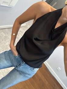 女士无袖吊带背心，纯色高端优雅，适合返校、派对、晚宴等场合，休闲黑色夏季款 - 黑色 - 查看 3