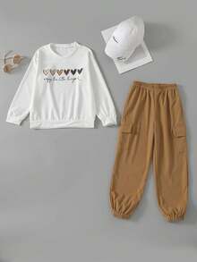 Completo da 2 pezzi con pantaloni cargo a vita alta e a costine, con motivo a cuore e scollo, casual e comodo per la primavera/autunno - Cachi - Visualizzare 6