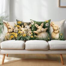 4件套春季复活节蒲公英兔子图案抱枕套，单面印花桃绒涤纶材质，45*45厘米，适用于现代布艺沙发室内装饰、派对装饰、礼品 - 彩色 - 查看 8