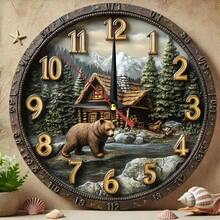 1pc 10 Inch Silent Wooden Wall Clock, Forest Black Bear & Wooden House, Wooden Frame, 2D Flat, AA Batteries Not Included, Decor For Home, Kitchen, Bathroom, Bedroom, Office, Holiday Gift,Wall Decor,Room Decor,Home Deocr,House Essentials,Picks - Multicolor/10in/25cm - View 3