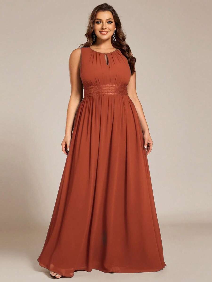 EVERPRETTY Elegant Sleeveless Round Neck Sequin High Waist Bridesmaid Dress, Party Dress, Formal Evening Gown Wedding Spring - Burnt Orange - View 1