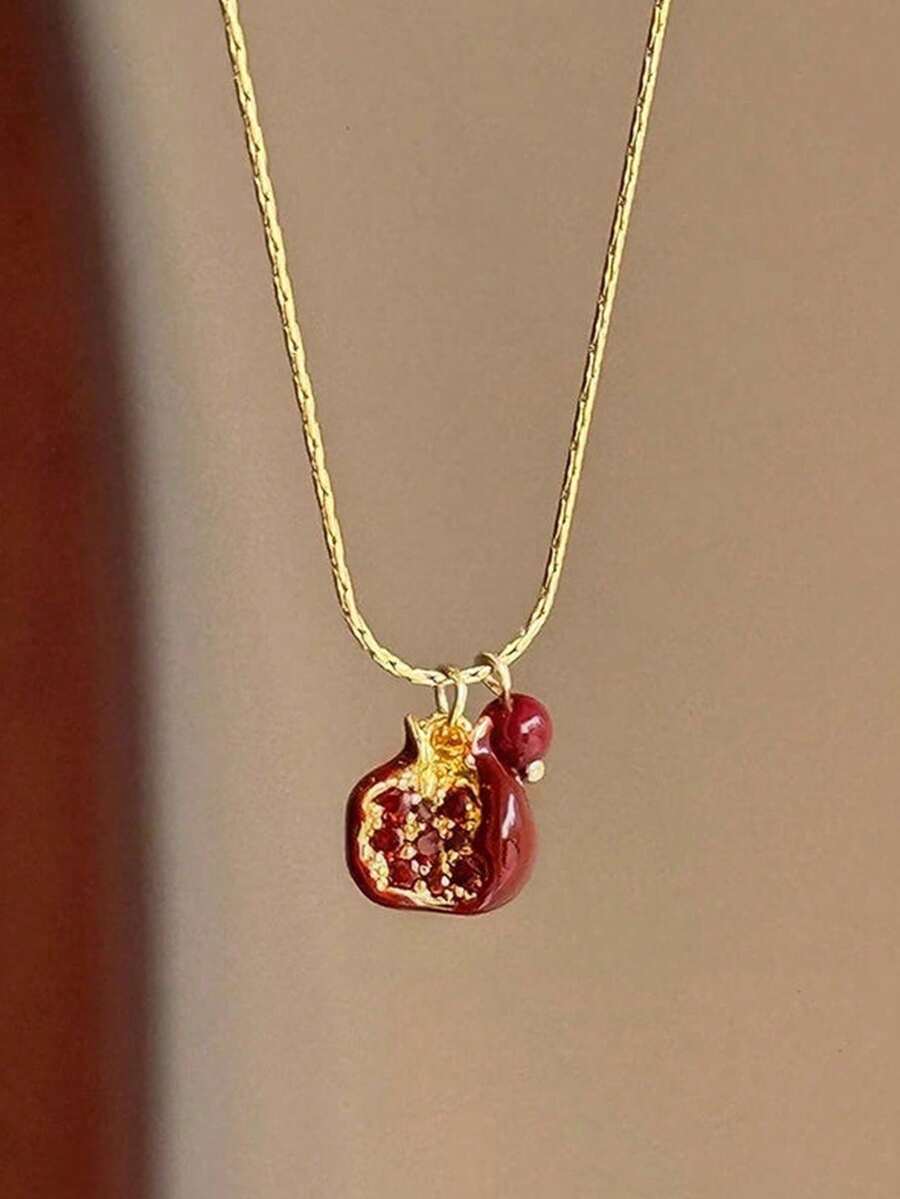 1PC Vintage Style Pomegranate Pendant Necklace, Fashion Elegant Collarbone Chain, Women's Dating Party Jewellery, Gift - Necklace - 查看 1