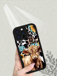 Cute Highland Cow Sunflower Turquoise Leopard Print Phone Case For IPhone 17 16 15 14 13 12 11 7 X,New Thickened Shockproof Scratch-Resistant Case With Comfortable Matte Feel,Western Farmhouse Style Protective Cover - 黑色 - 查看 5