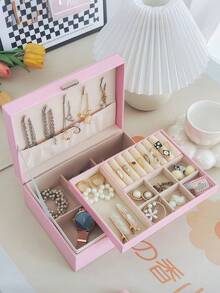 Double Layer Large Capacity Jewelry Storage Box, Portable Travel Jewelry Case, Display & Storage Box, Lockable Leather Jewelry Box, Men's Jewelry Box, Women's Gift, Essential For Home, Travel, Back To School, Gift Idea, Suitable For Earrings, Rings, Necklaces, Bracelets - Multicolor - View 16